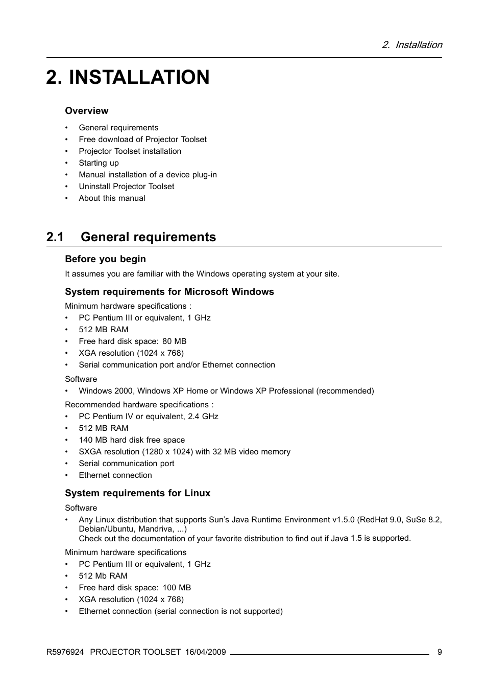 Installation, 1 general requirements, General requirements | Barco R5976924 User Manual | Page 13 / 245