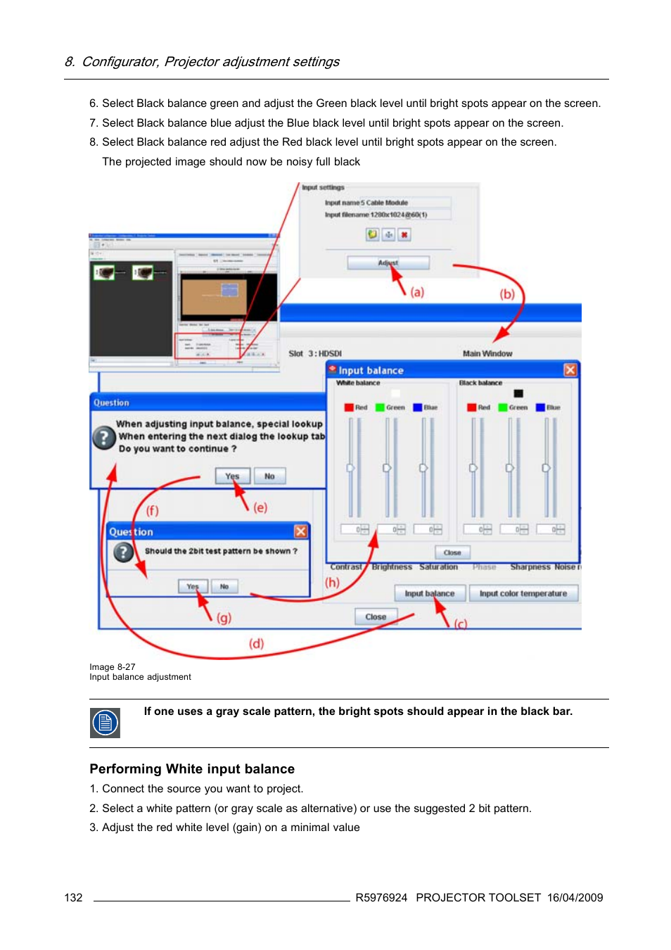 Configurator, projector adjustment settings, Performing white input balance | Barco R5976924 User Manual | Page 136 / 245