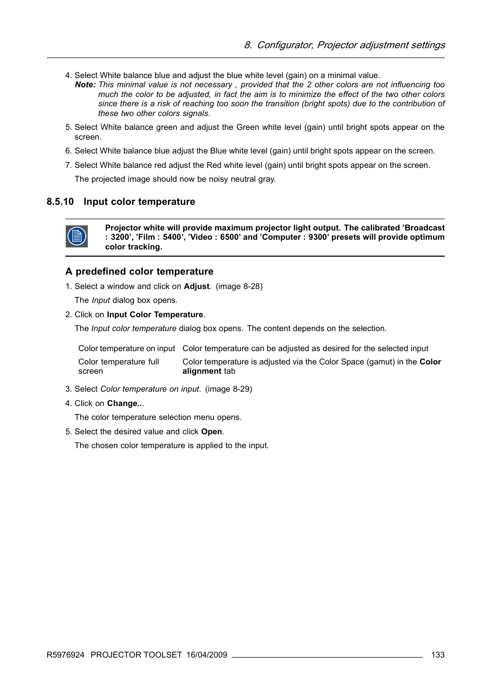 10 input color temperature, Configurator, projector adjustment settings, A predefined color temperature | Barco R5976924 User Manual | Page 137 / 245