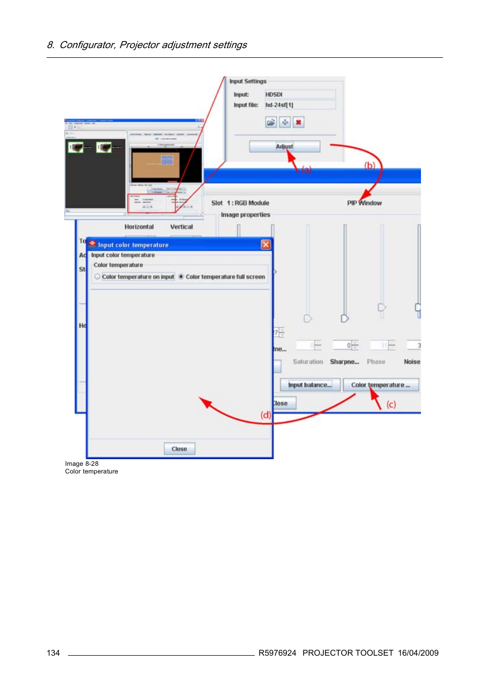 Configurator, projector adjustment settings | Barco R5976924 User Manual | Page 138 / 245