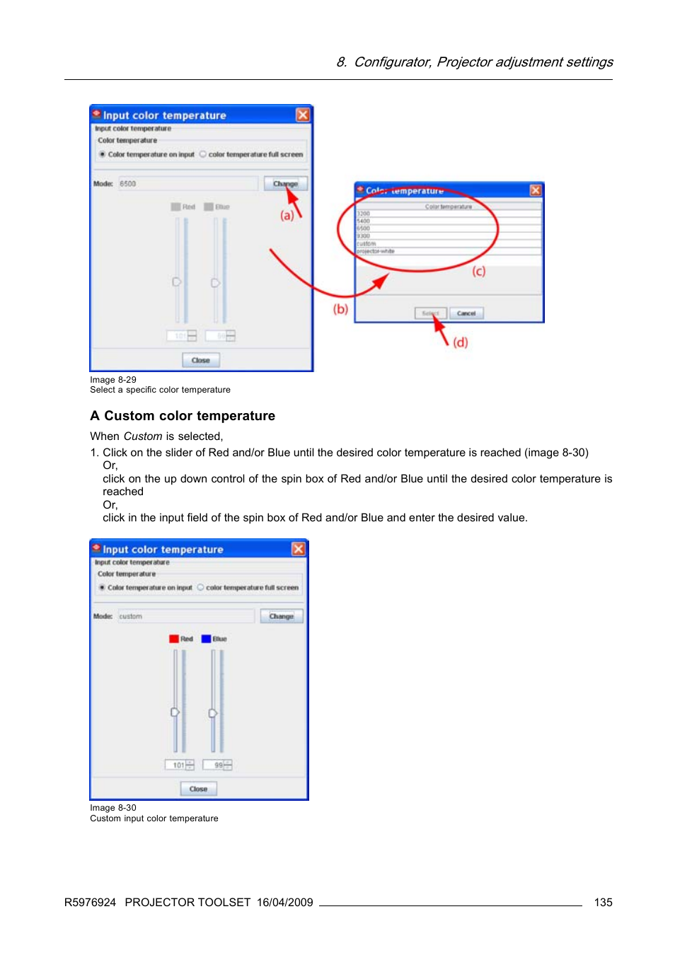 Configurator, projector adjustment settings, A custom color temperature | Barco R5976924 User Manual | Page 139 / 245