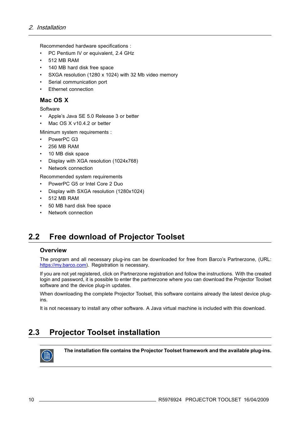 2 free download of projector toolset, 3 projector toolset installation, Free download of projector toolset | Projector toolset installation, Installation | Barco R5976924 User Manual | Page 14 / 245