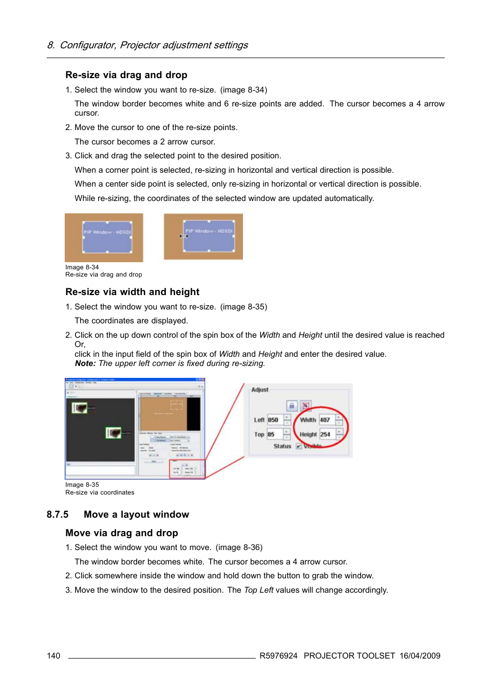 5 move a layout window, Move a layout window, Configurator, projector adjustment settings | Barco R5976924 User Manual | Page 144 / 245