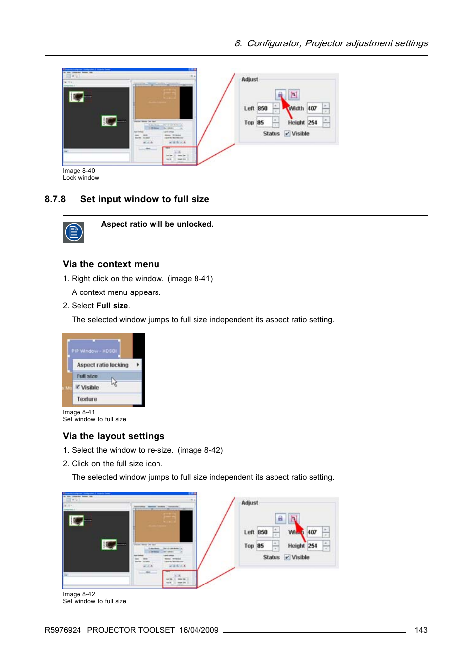 8 set input window to full size, Set input window to full size, Configurator, projector adjustment settings | Barco R5976924 User Manual | Page 147 / 245