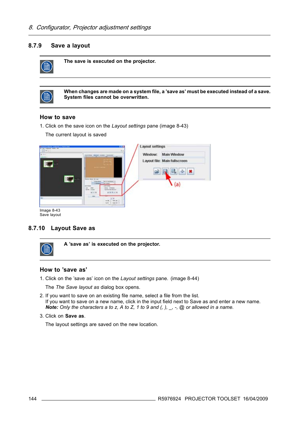 9 save a layout, 10 layout save as, 9 save a layout 8.7.10 layout save as | Save a layout, Layout save as, Configurator, projector adjustment settings | Barco R5976924 User Manual | Page 148 / 245