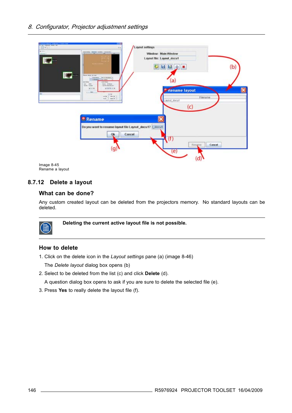 12 delete a layout, Delete a layout, Configurator, projector adjustment settings | Barco R5976924 User Manual | Page 150 / 245