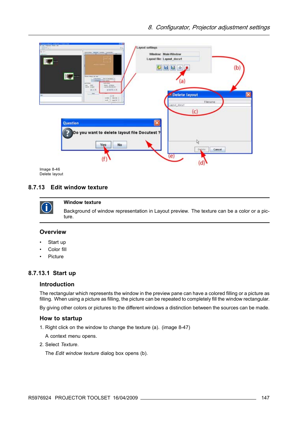 13 edit window texture, 1 start up, Edit window texture | Configurator, projector adjustment settings | Barco R5976924 User Manual | Page 151 / 245