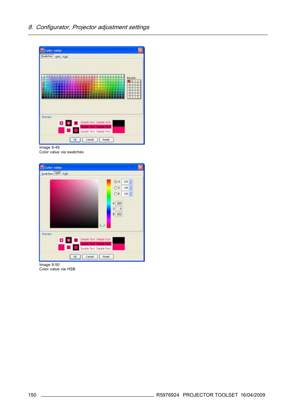 Image 8-49, Image 8-50, Configurator, projector adjustment settings | Barco R5976924 User Manual | Page 154 / 245