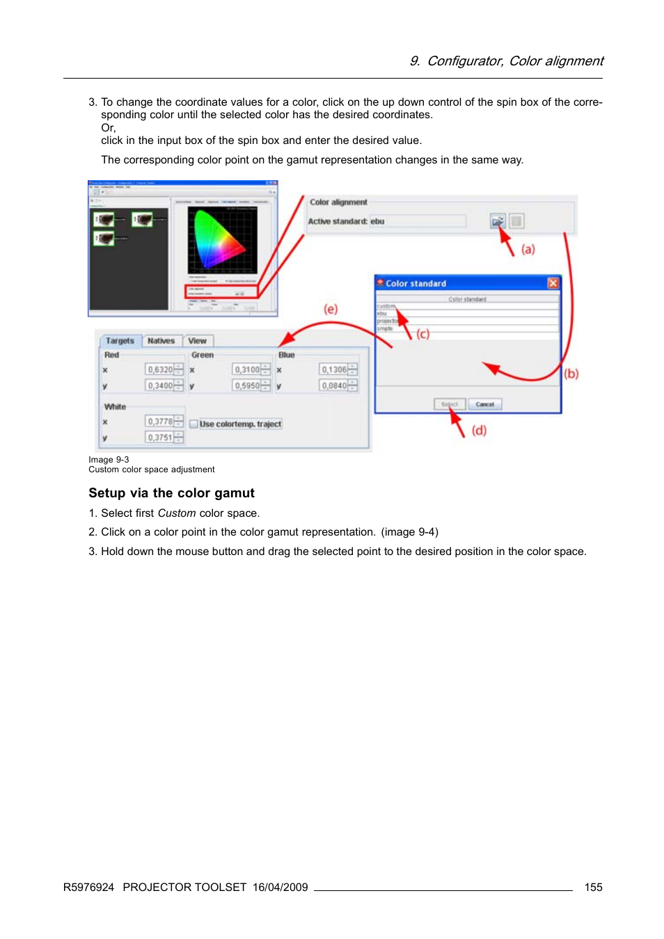 Configurator, color alignment, Setup via the color gamut | Barco R5976924 User Manual | Page 159 / 245