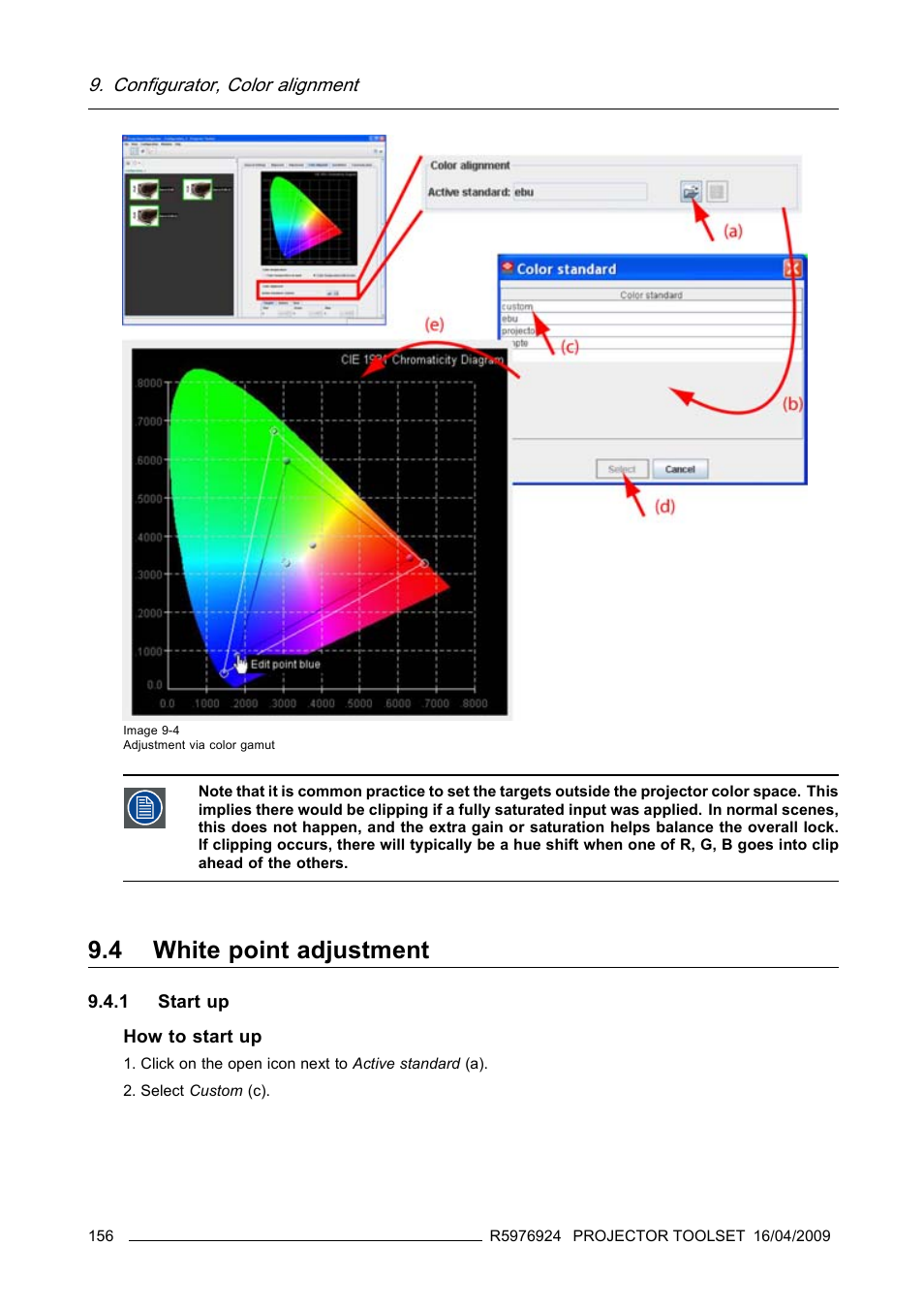 4 white point adjustment, 1 start up, White point adjustment | Barco R5976924 User Manual | Page 160 / 245