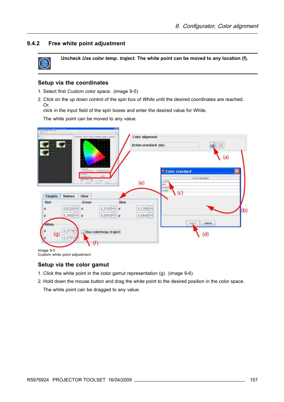 2 free white point adjustment, Configurator, color alignment | Barco R5976924 User Manual | Page 161 / 245