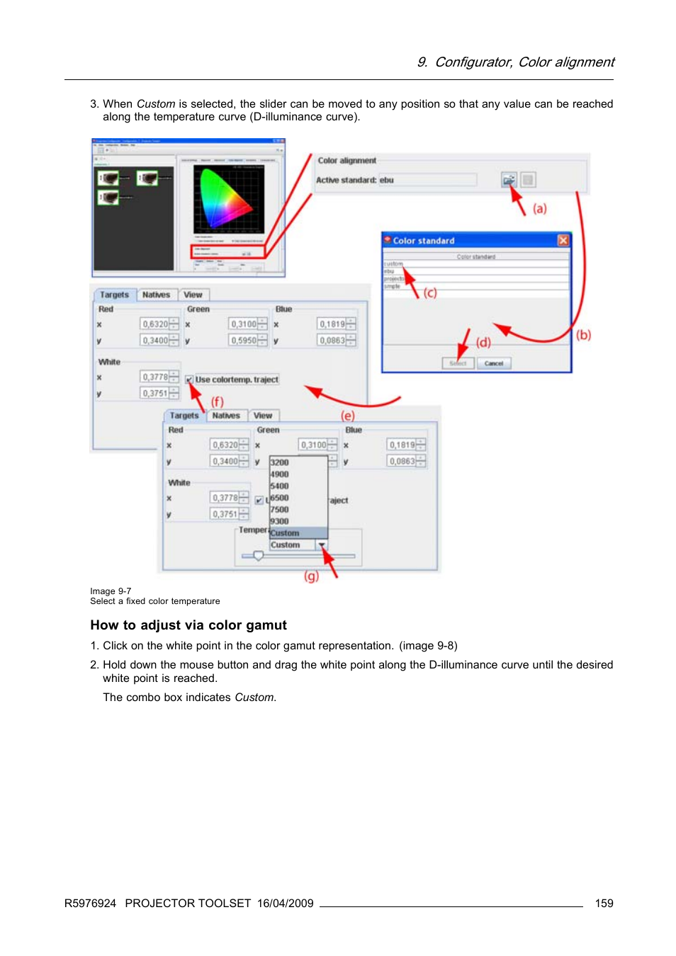 Configurator, color alignment, How to adjust via color gamut | Barco R5976924 User Manual | Page 163 / 245