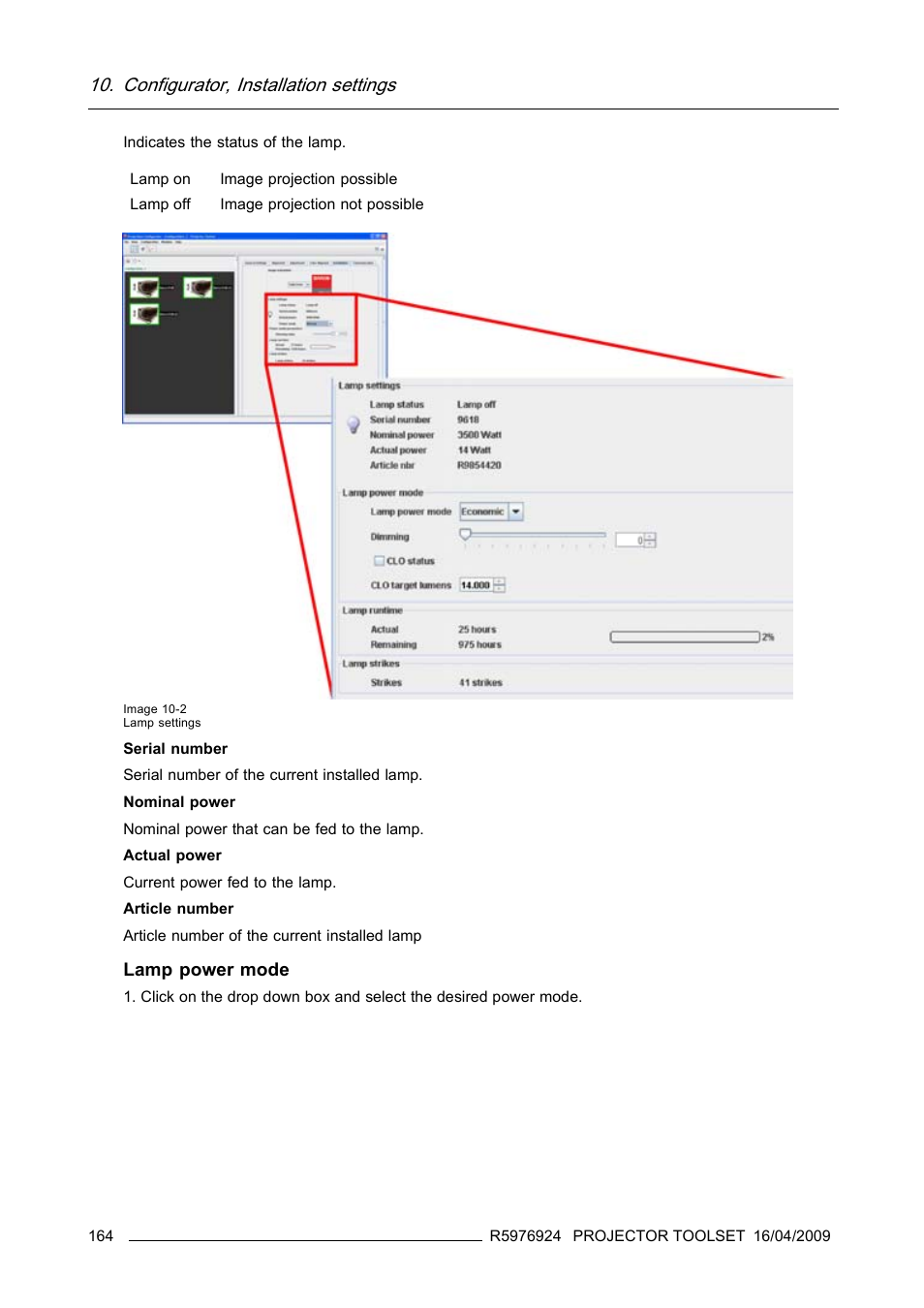 Configurator, installation settings, Lamp power mode | Barco R5976924 User Manual | Page 168 / 245