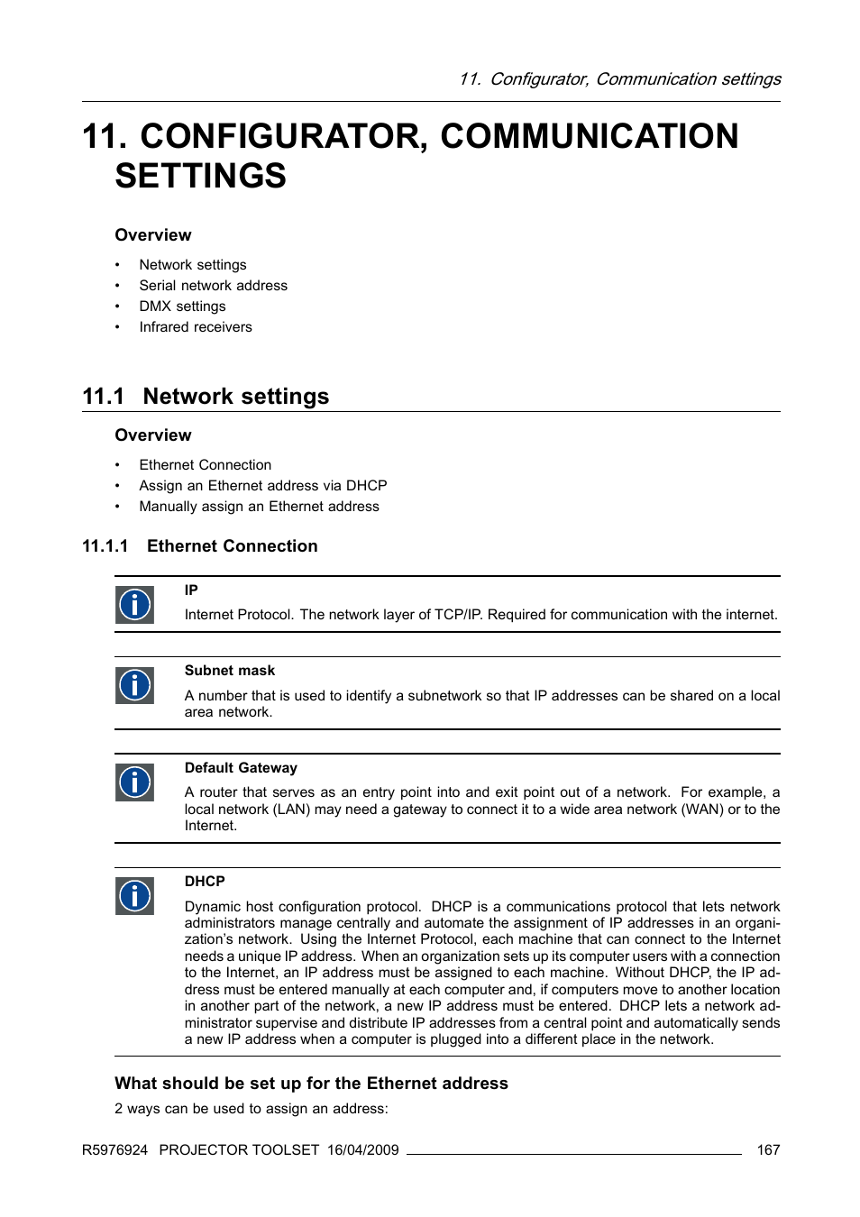 Configurator, communication settings, 1 network settings, 1 ethernet connection | Barco R5976924 User Manual | Page 171 / 245