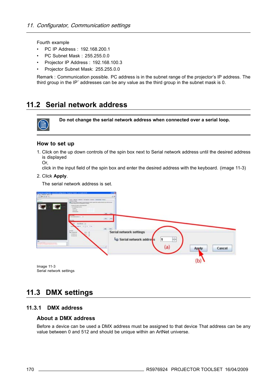 2 serial network address, 3 dmx settings, 1 dmx address | 2 serial network address 11.3 dmx settings, Serial network address, Dmx settings, Configurator, communication settings | Barco R5976924 User Manual | Page 174 / 245