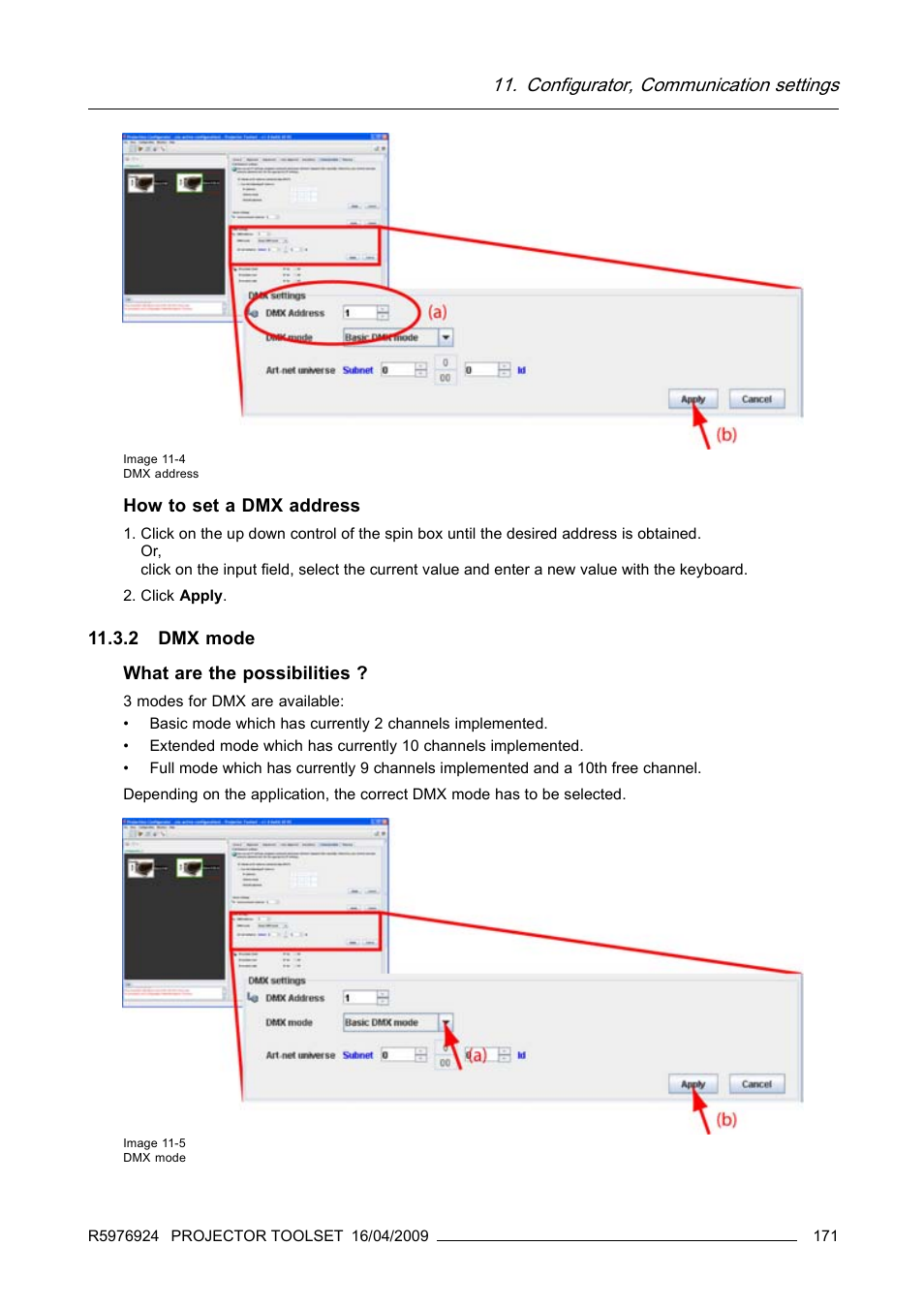 2 dmx mode, Configurator, communication settings | Barco R5976924 User Manual | Page 175 / 245