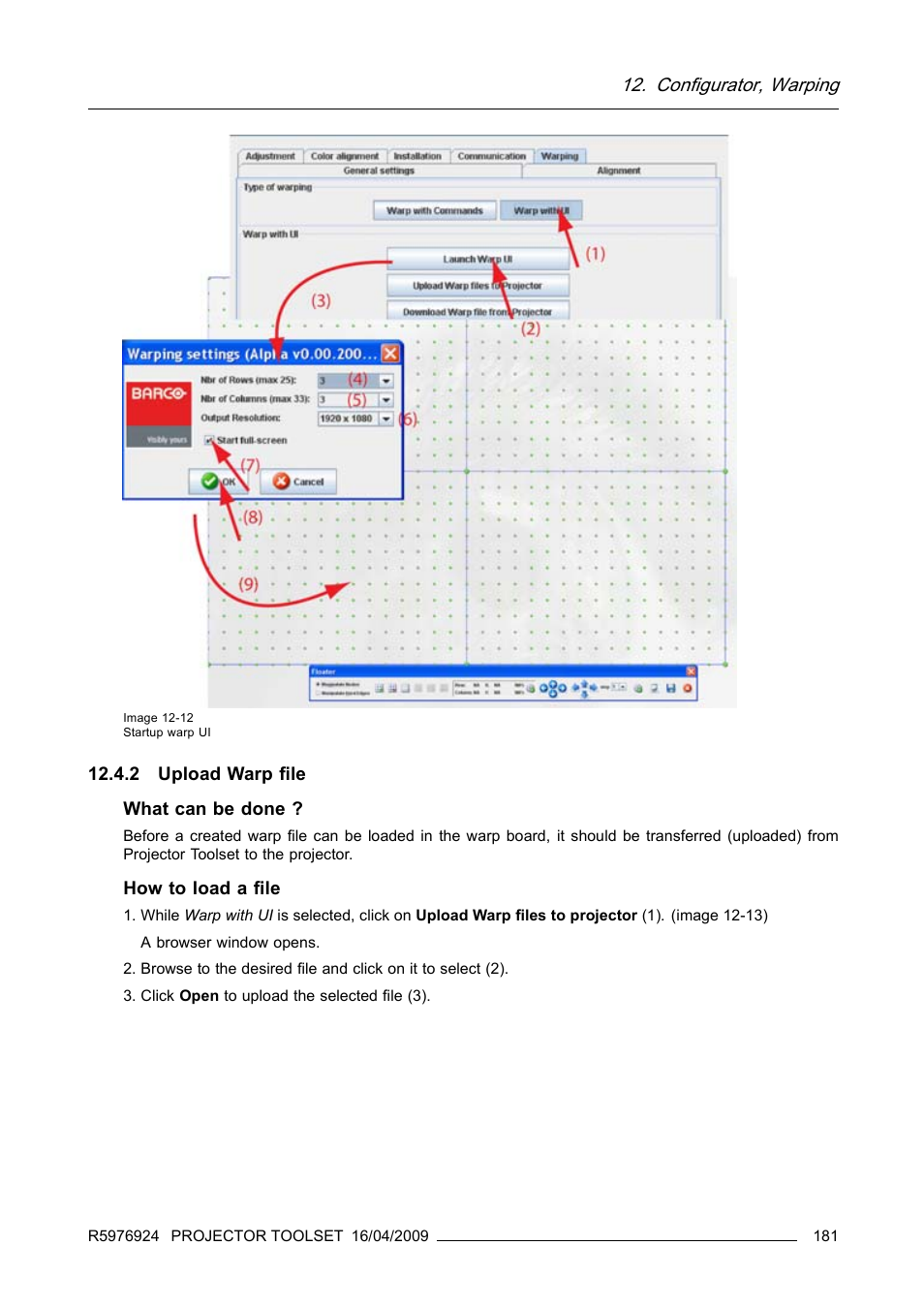 2 upload warp file, Configurator, warping | Barco R5976924 User Manual | Page 185 / 245