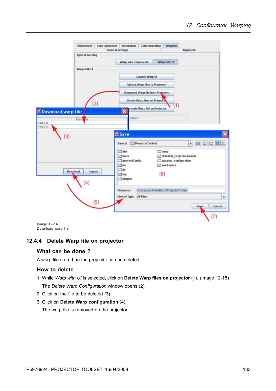 4 delete warp file on projector, Configurator, warping | Barco R5976924 User Manual | Page 187 / 245