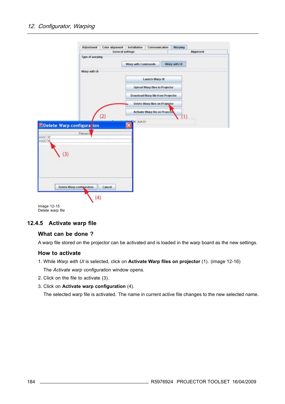 5 activate warp file, Configurator, warping | Barco R5976924 User Manual | Page 188 / 245