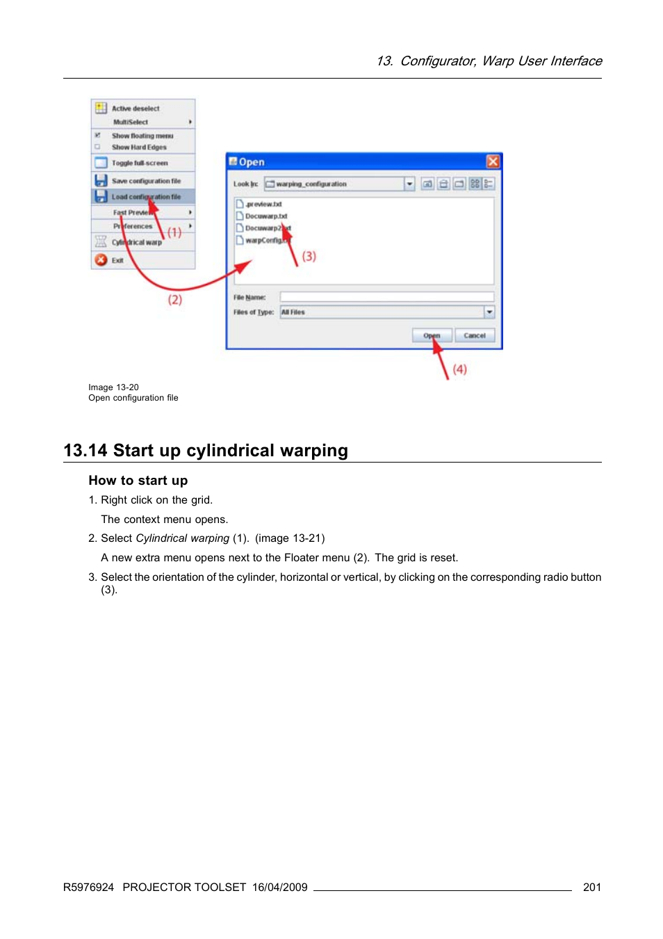 14 start up cylindrical warping, Start up cylindrical warping, Configurator, warp user interface | Barco R5976924 User Manual | Page 205 / 245