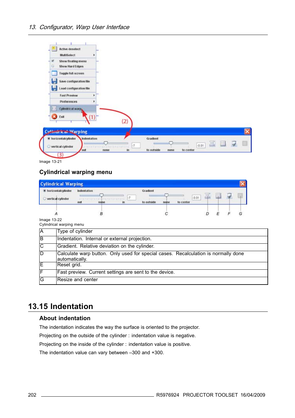 15 indentation, Indentation, Configurator, warp user interface | Barco R5976924 User Manual | Page 206 / 245