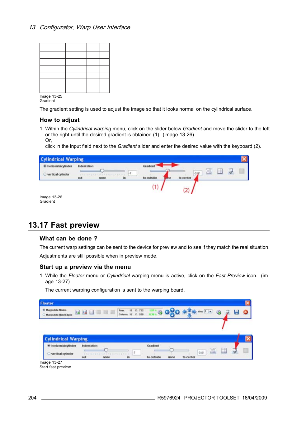 17 fast preview, Fast preview, Configurator, warp user interface | Barco R5976924 User Manual | Page 208 / 245