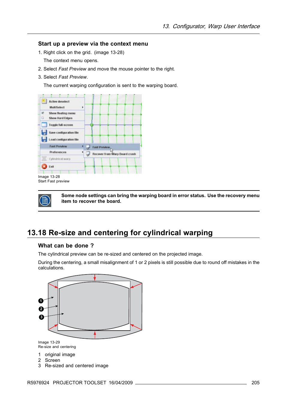 18 re-size and centering for cylindrical warping, Re-size and centering for cylindrical warping, Configurator, warp user interface | Start up a preview via the context menu, What can be done | Barco R5976924 User Manual | Page 209 / 245