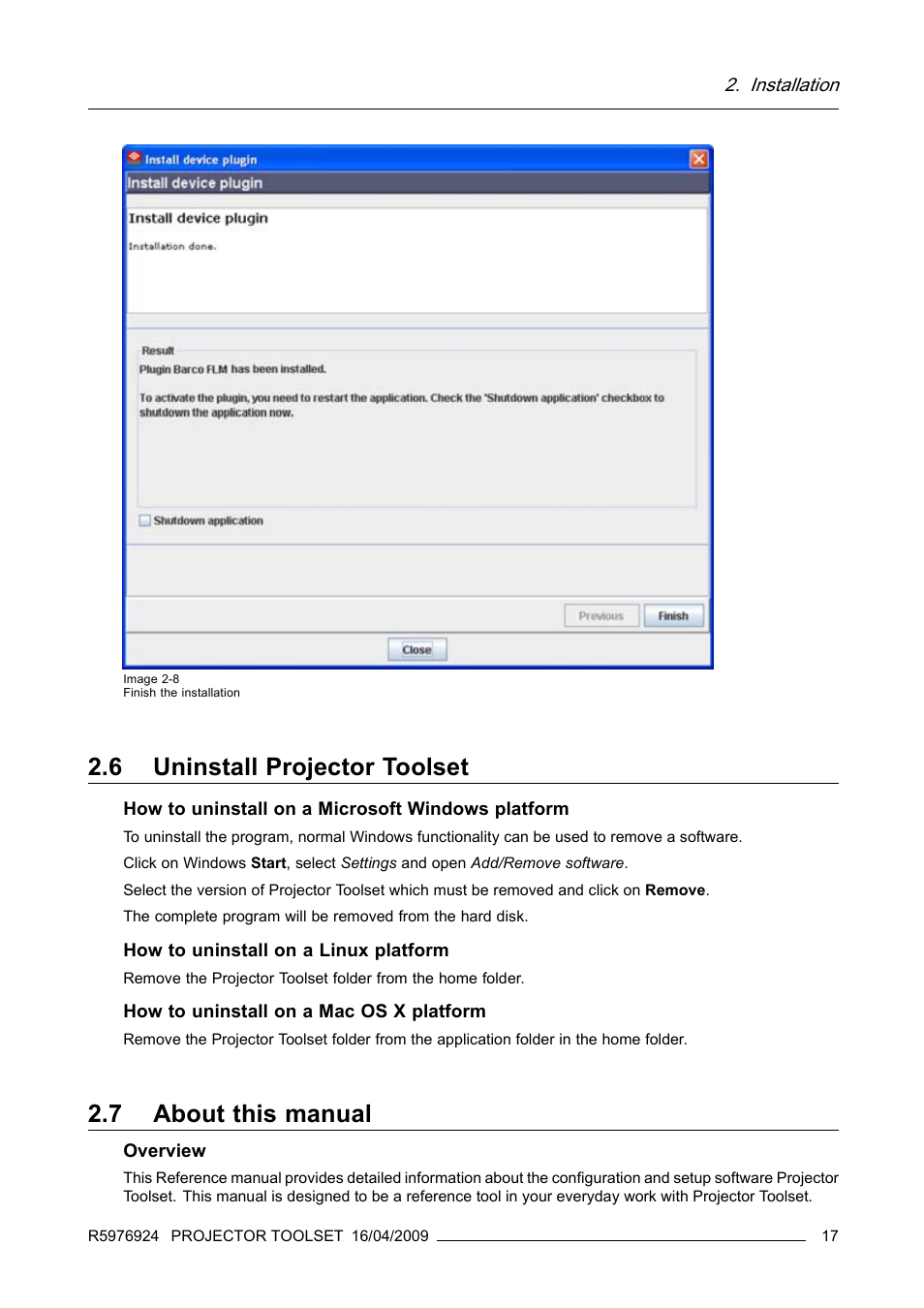 6 uninstall projector toolset, 7 about this manual, Uninstall projector toolset | About this manual | Barco R5976924 User Manual | Page 21 / 245