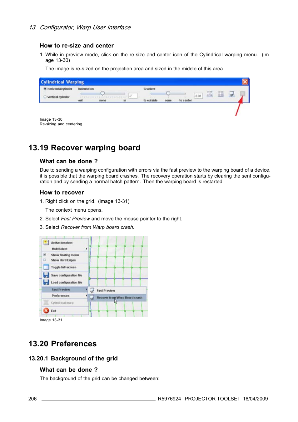 19 recover warping board, 20 preferences, 1 background of the grid | 19 recover warping board 13.20 preferences, Recover warping board, Preferences | Barco R5976924 User Manual | Page 210 / 245