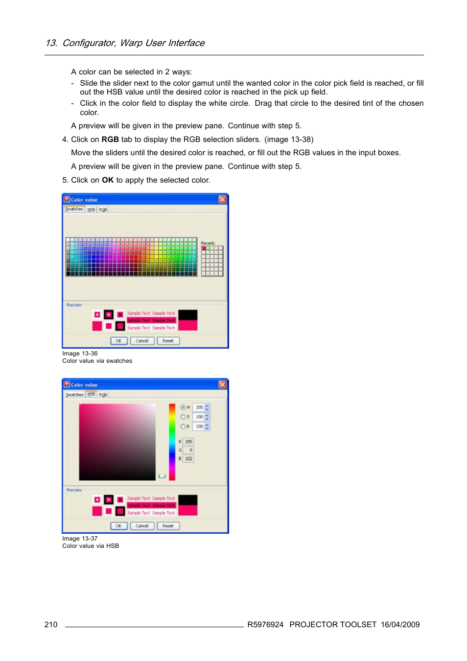 Step 4, Image 13-36), Step 5 | Image 13-37, Configurator, warp user interface | Barco R5976924 User Manual | Page 214 / 245