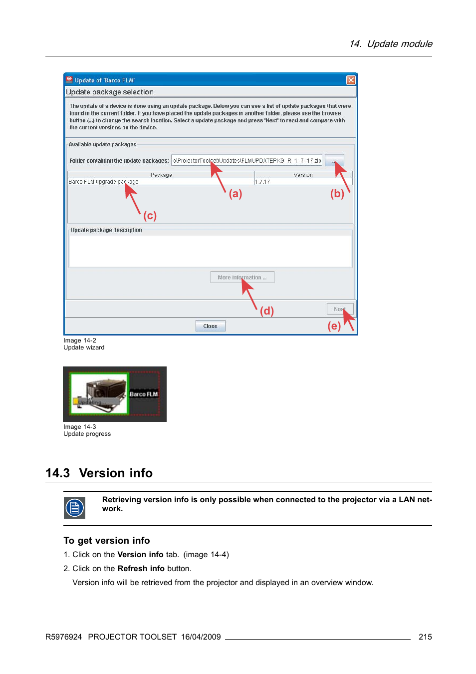 3 version info, A) (c) (d) (e) (b) | Barco R5976924 User Manual | Page 219 / 245