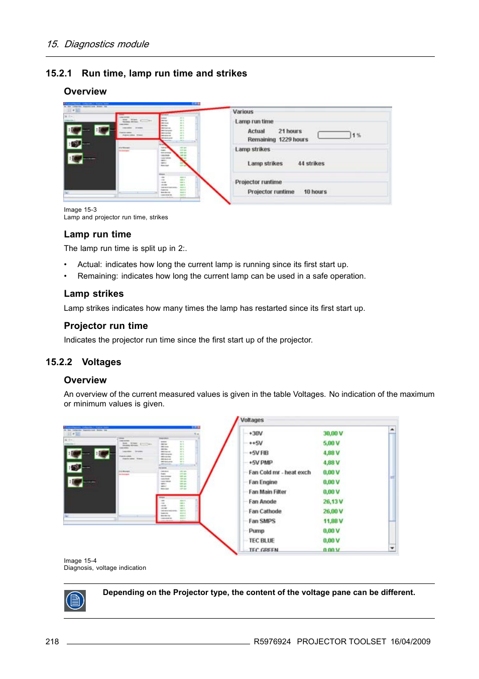 1 run time, lamp run time and strikes, 2 voltages, Run time, lamp run time and strikes | Voltages, Diagnostics module | Barco R5976924 User Manual | Page 222 / 245