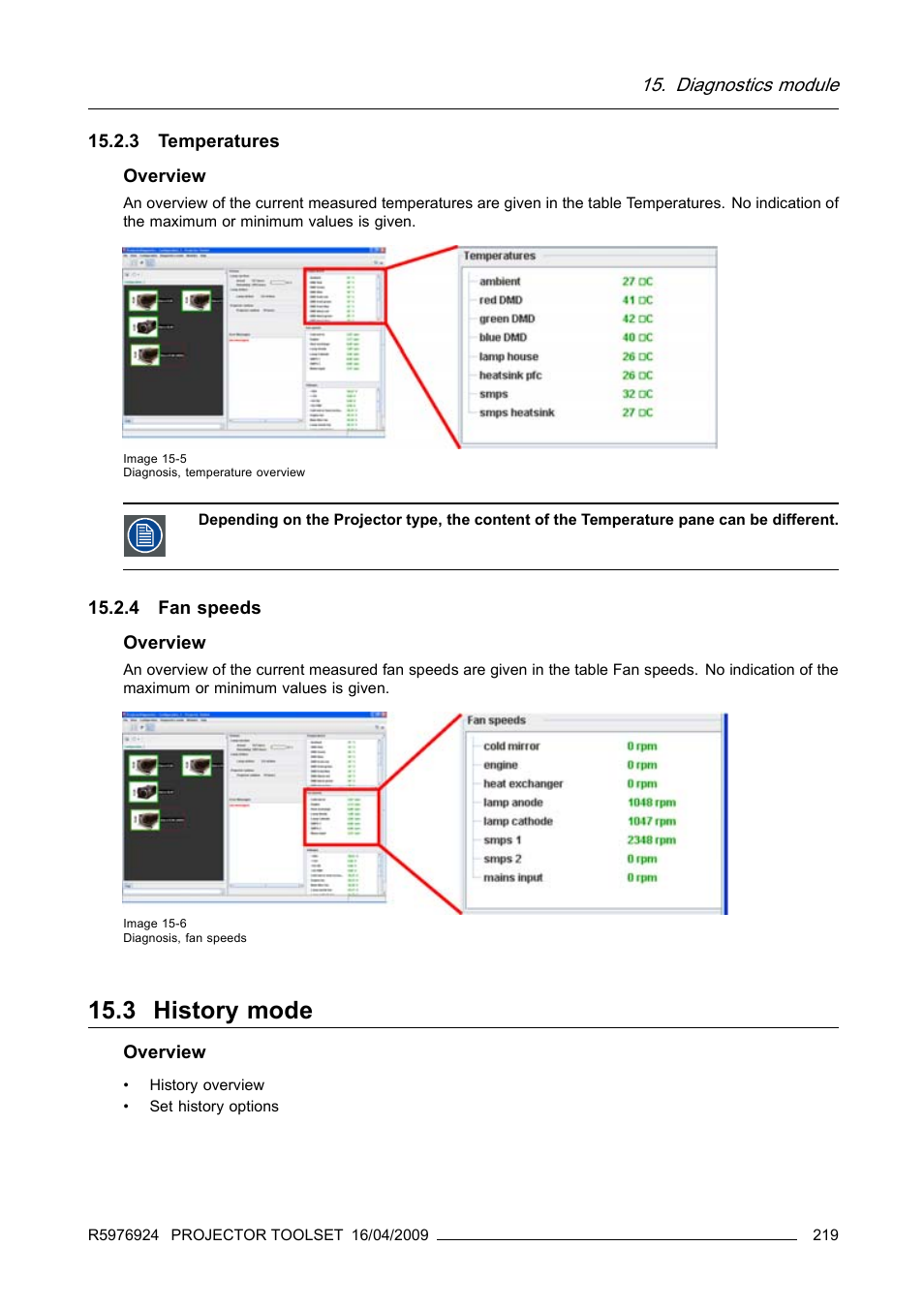 3 temperatures, 4 fan speeds, 3 history mode | 3 temperatures 15.2.4 fan speeds, History mode, Temperatures, Fan speeds | Barco R5976924 User Manual | Page 223 / 245