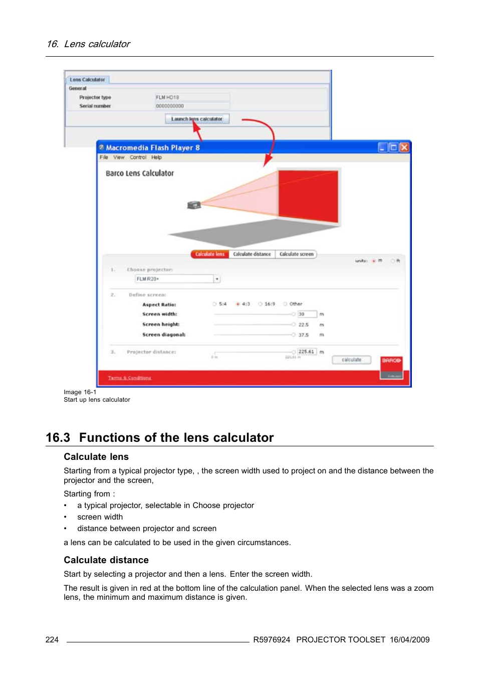 3 functions of the lens calculator, Functions of the lens calculator, Image 16-1) | Lens calculator | Barco R5976924 User Manual | Page 228 / 245