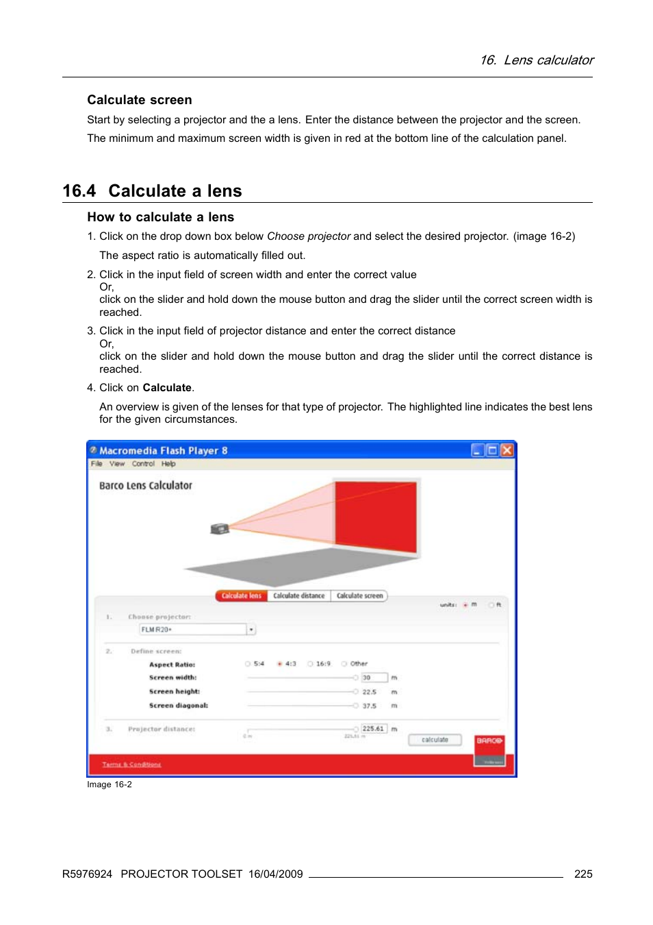 4 calculate a lens, Calculate a lens, Lens calculator | Barco R5976924 User Manual | Page 229 / 245