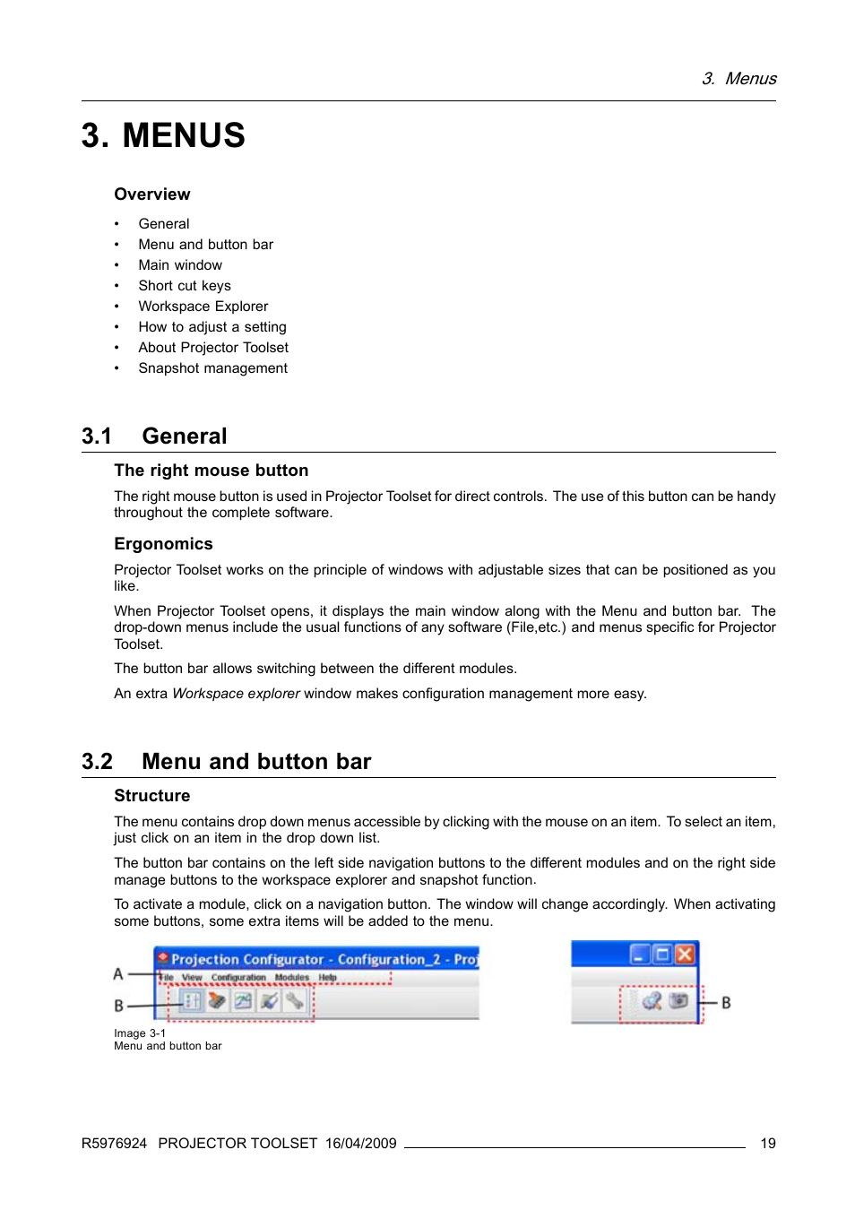 Menus, 1 general, 2 menu and button bar | General, Menu and button bar | Barco R5976924 User Manual | Page 23 / 245