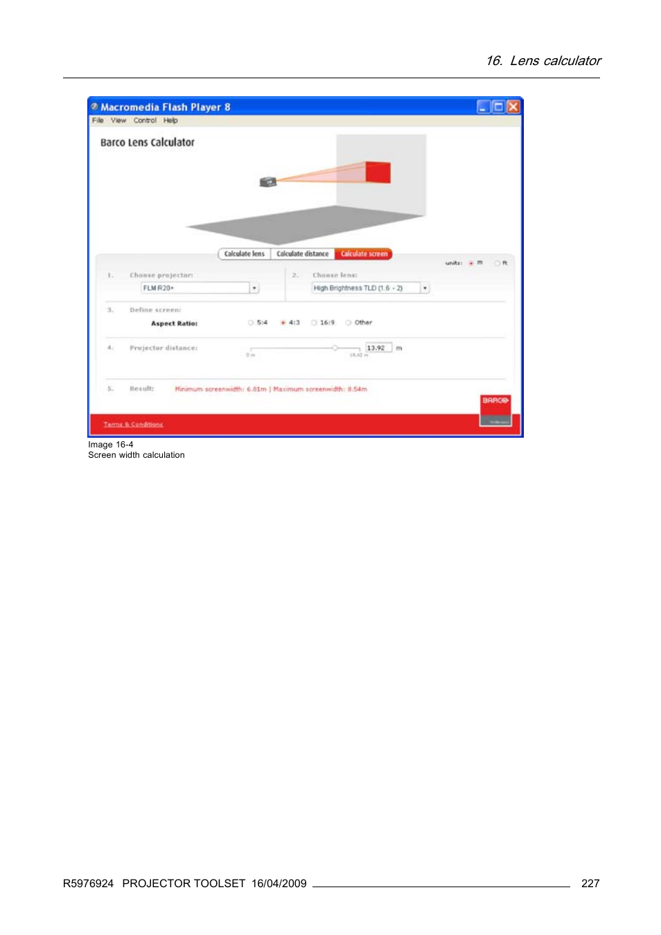 Lens calculator | Barco R5976924 User Manual | Page 231 / 245