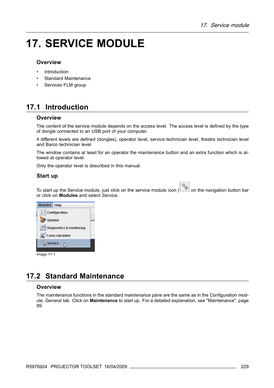 Service module, 1 introduction, 2 standard maintenance | Barco R5976924 User Manual | Page 233 / 245