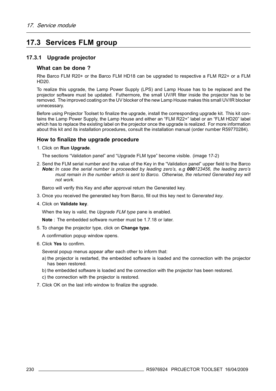 3 services flm group, 1 upgrade projector, Services flm group | Service module | Barco R5976924 User Manual | Page 234 / 245