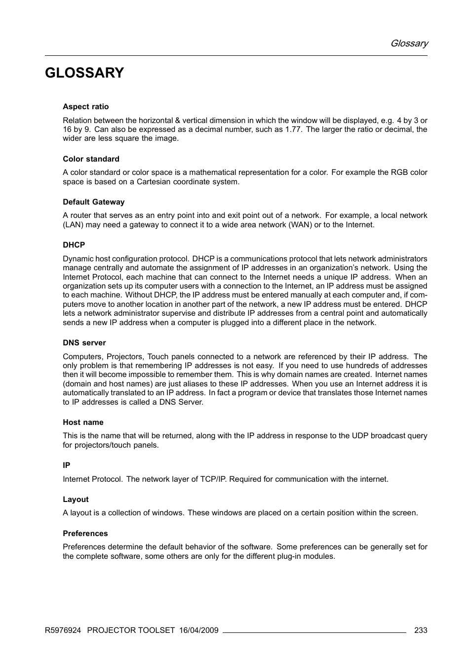 Glossary | Barco R5976924 User Manual | Page 237 / 245