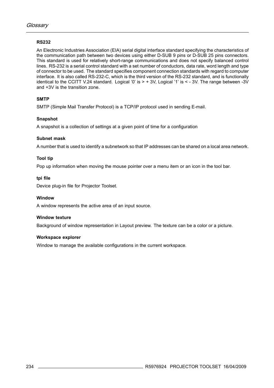 Glossary | Barco R5976924 User Manual | Page 238 / 245