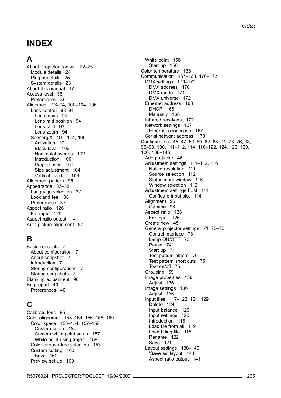 Index | Barco R5976924 User Manual | Page 239 / 245