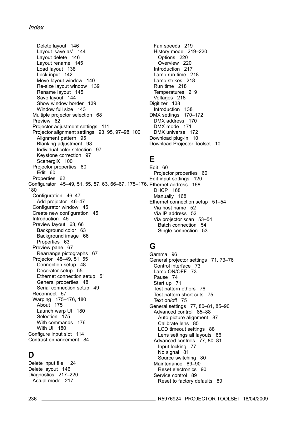 Index | Barco R5976924 User Manual | Page 240 / 245