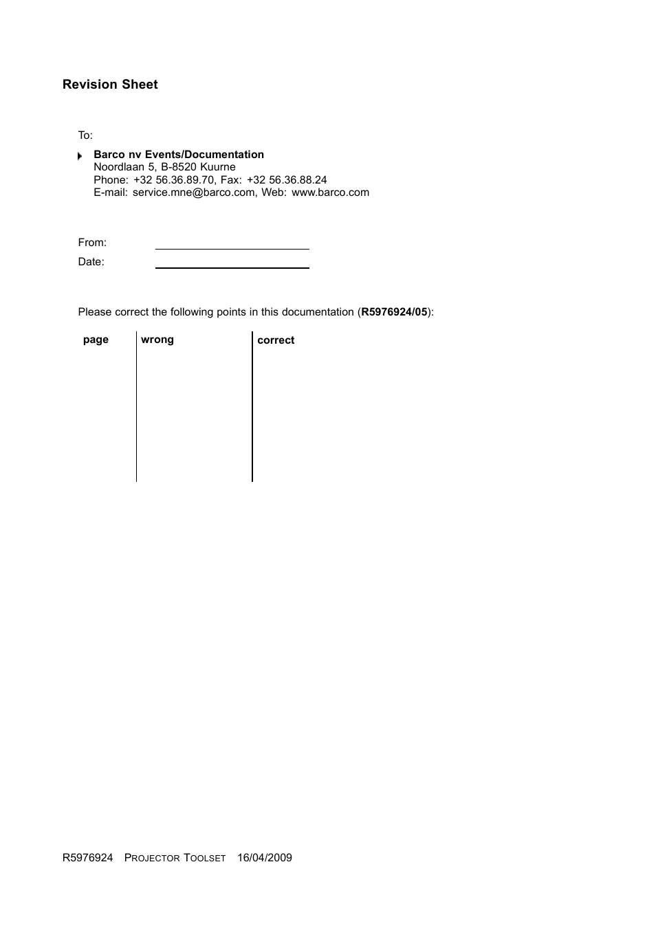 Revision sheet | Barco R5976924 User Manual | Page 245 / 245