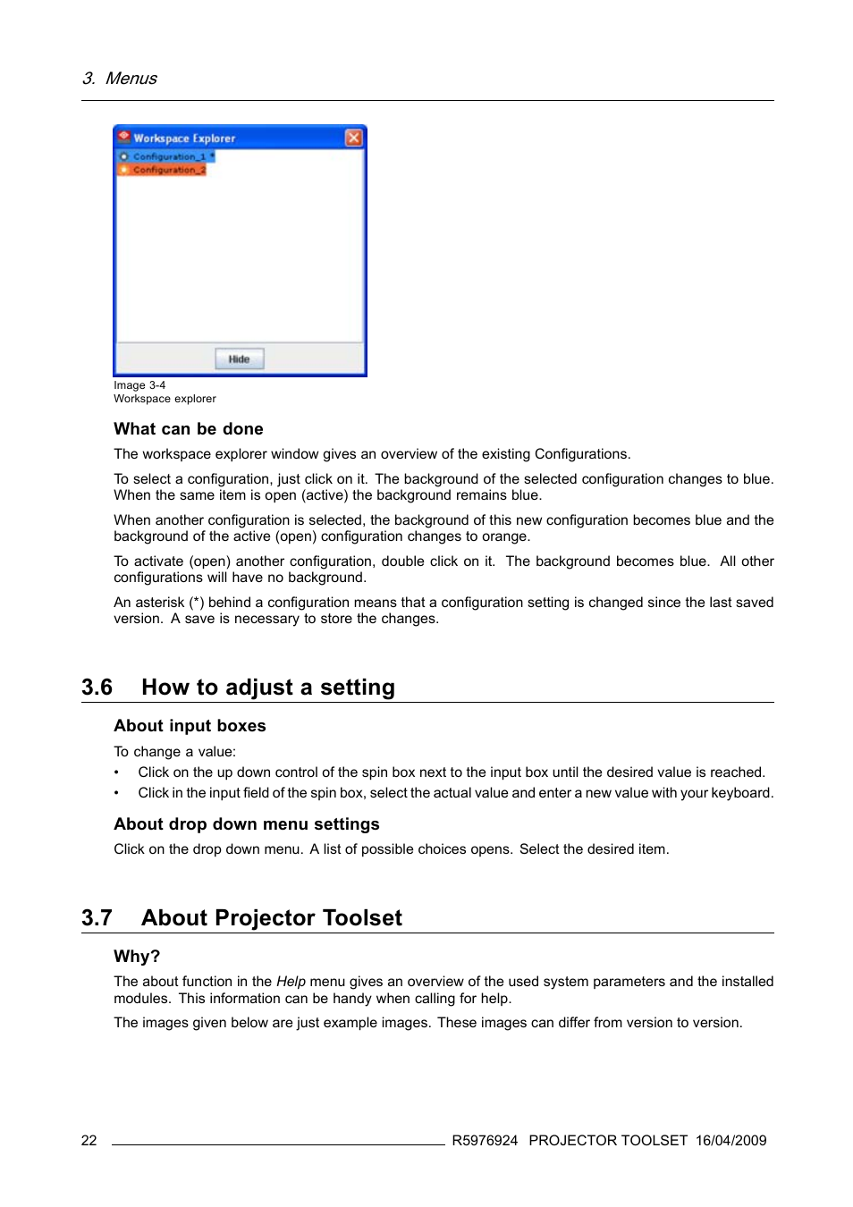 6 how to adjust a setting, 7 about projector toolset, How to adjust a setting | About projector toolset | Barco R5976924 User Manual | Page 26 / 245