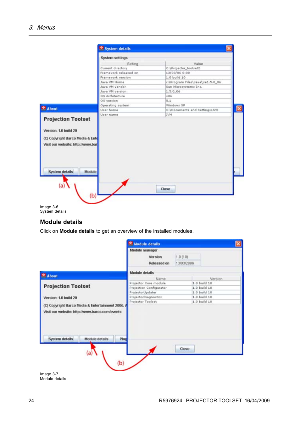 Menus, Module details | Barco R5976924 User Manual | Page 28 / 245