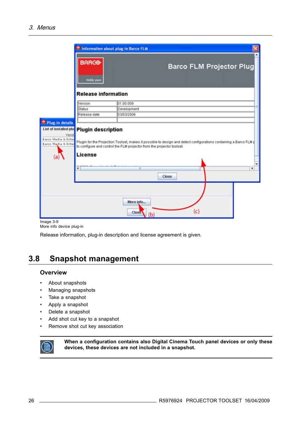 8 snapshot management, Snapshot management, Menus | Barco R5976924 User Manual | Page 30 / 245