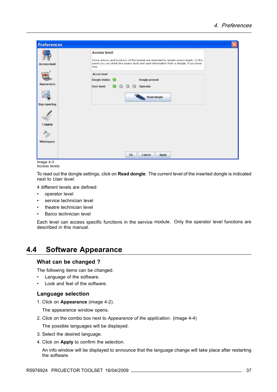 4 software appearance, Software appearance, Preferences | Barco R5976924 User Manual | Page 41 / 245