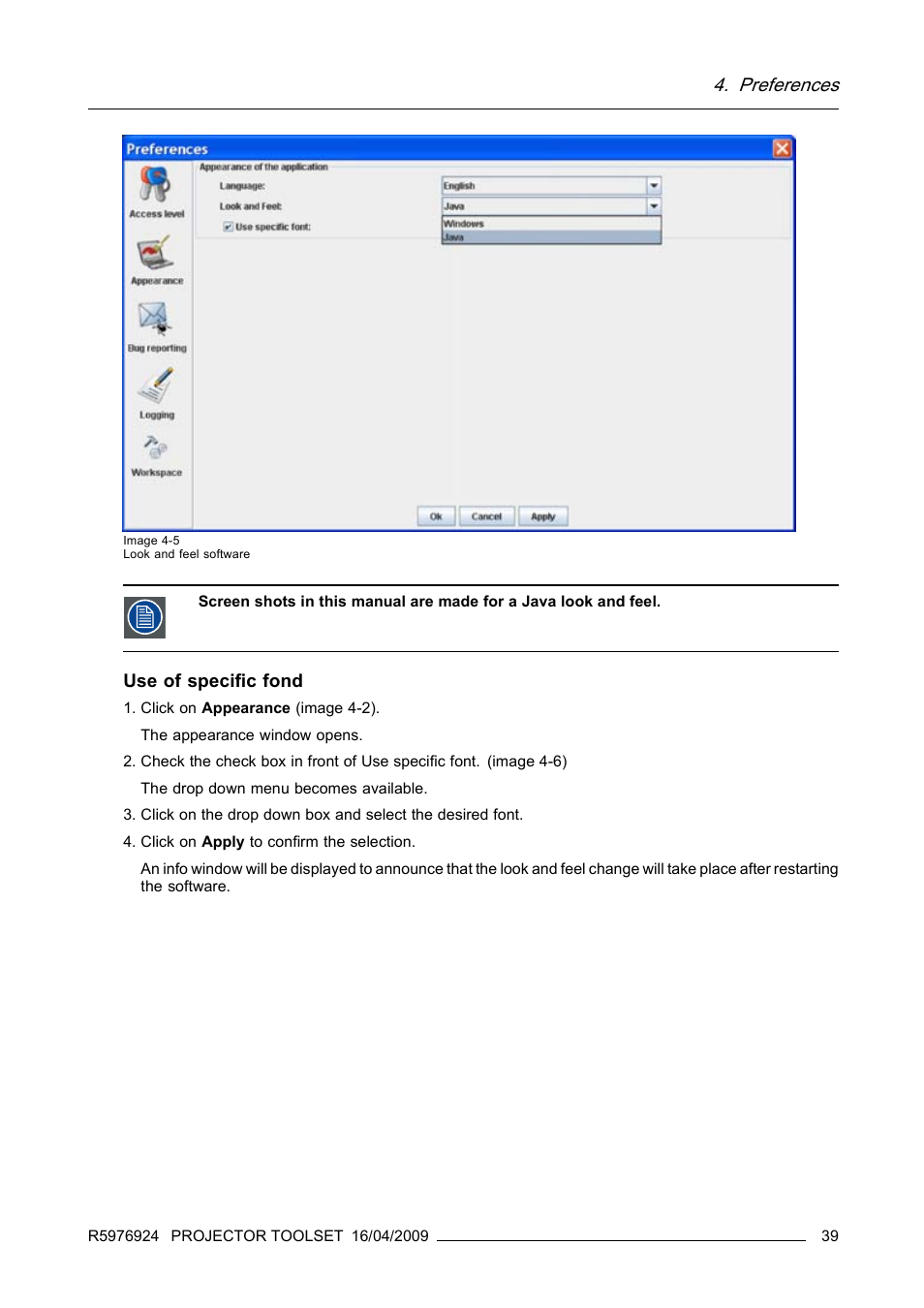 Preferences, Use of specific fond | Barco R5976924 User Manual | Page 43 / 245