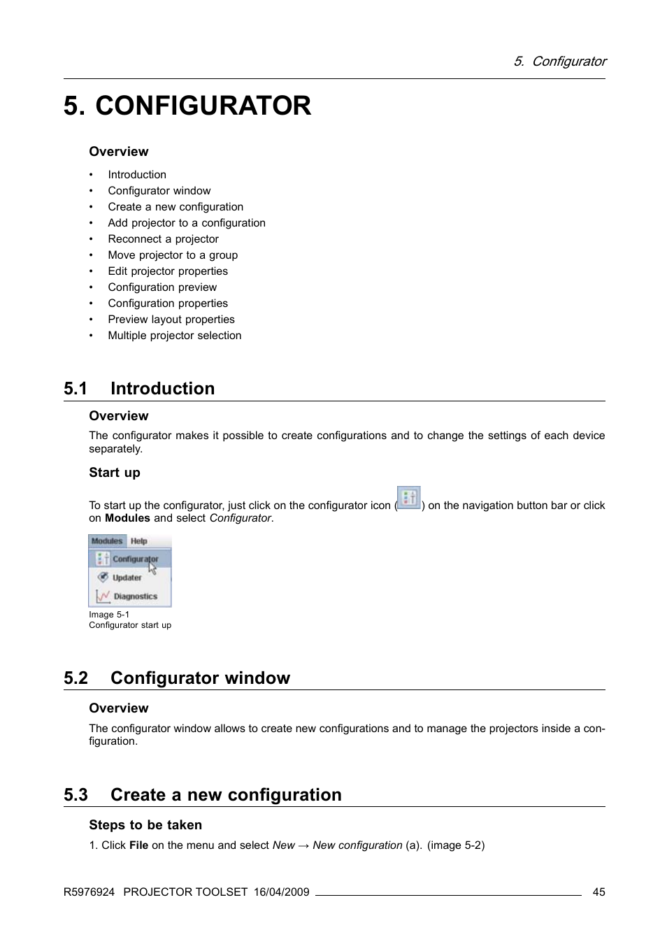Configurator, 1 introduction, 2 configurator window | 3 create a new configuration, Introduction, Configurator window, Create a new configuration | Barco R5976924 User Manual | Page 49 / 245